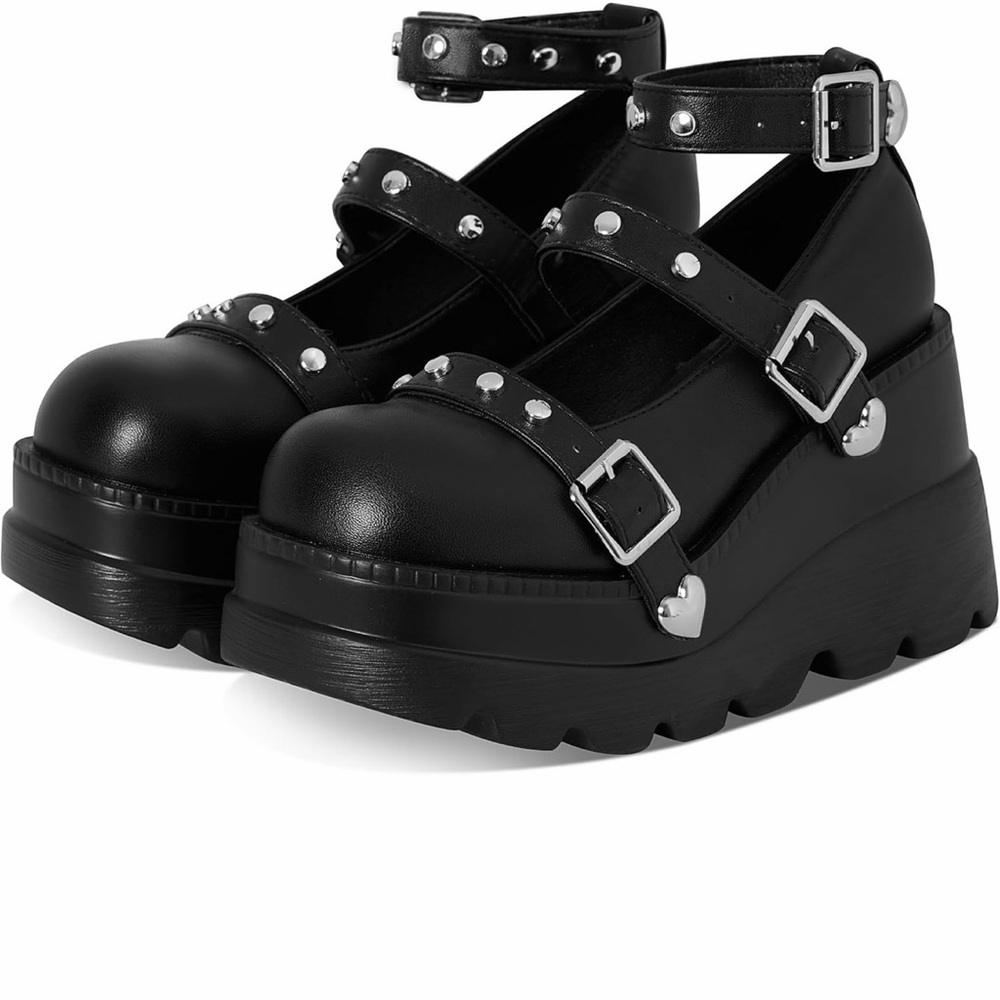 Black Studded Platform Mary Jane Shoes